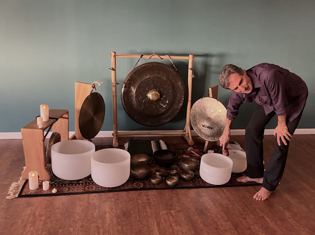 Raji setting up for the sound healing.
